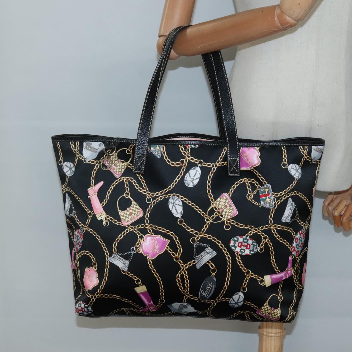 GUCCI Tote Bag Satin Outlet Black Gold 154402 Auth yk19258