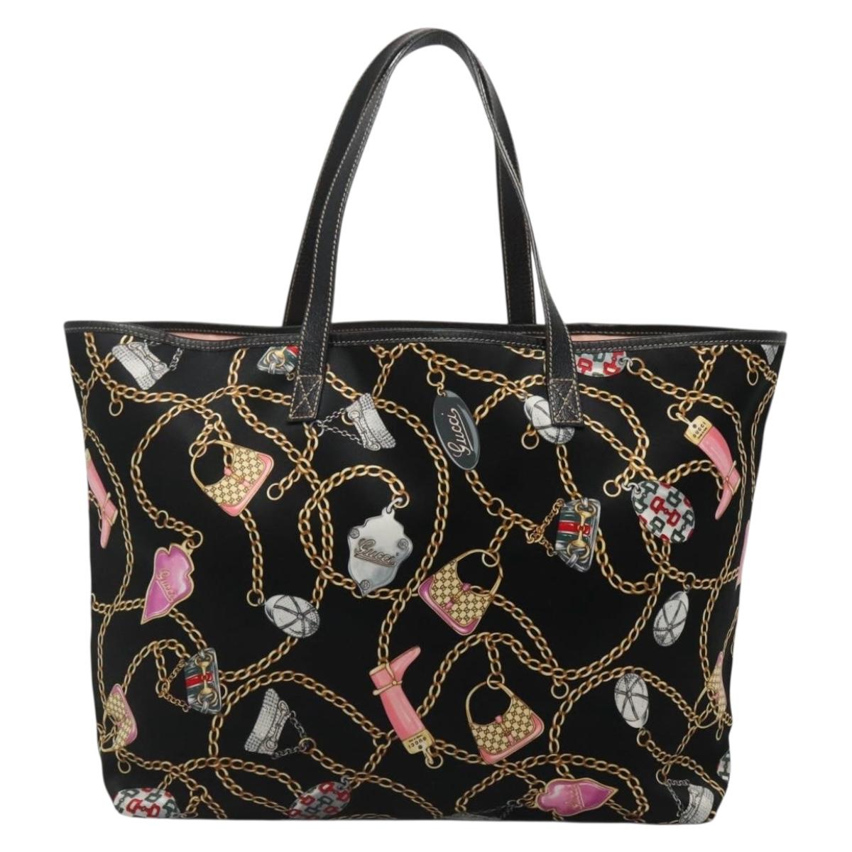 GUCCI Tote Bag Satin Outlet Black Gold 154402 Auth yk19258