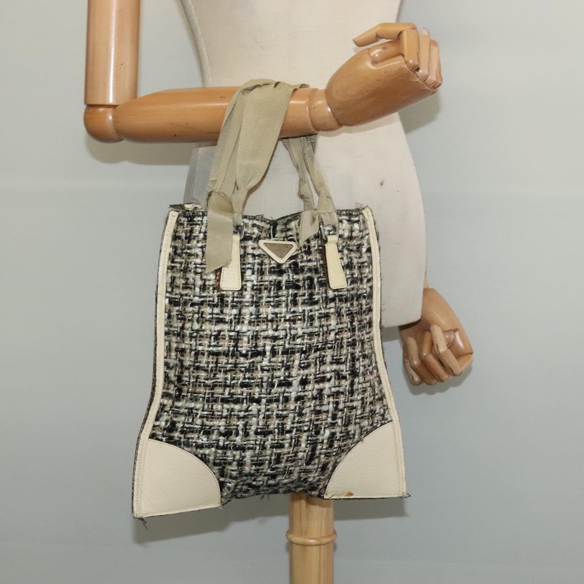 PRADA Hand Bag Tweed Leather Beige Black Silver Auth yk19291