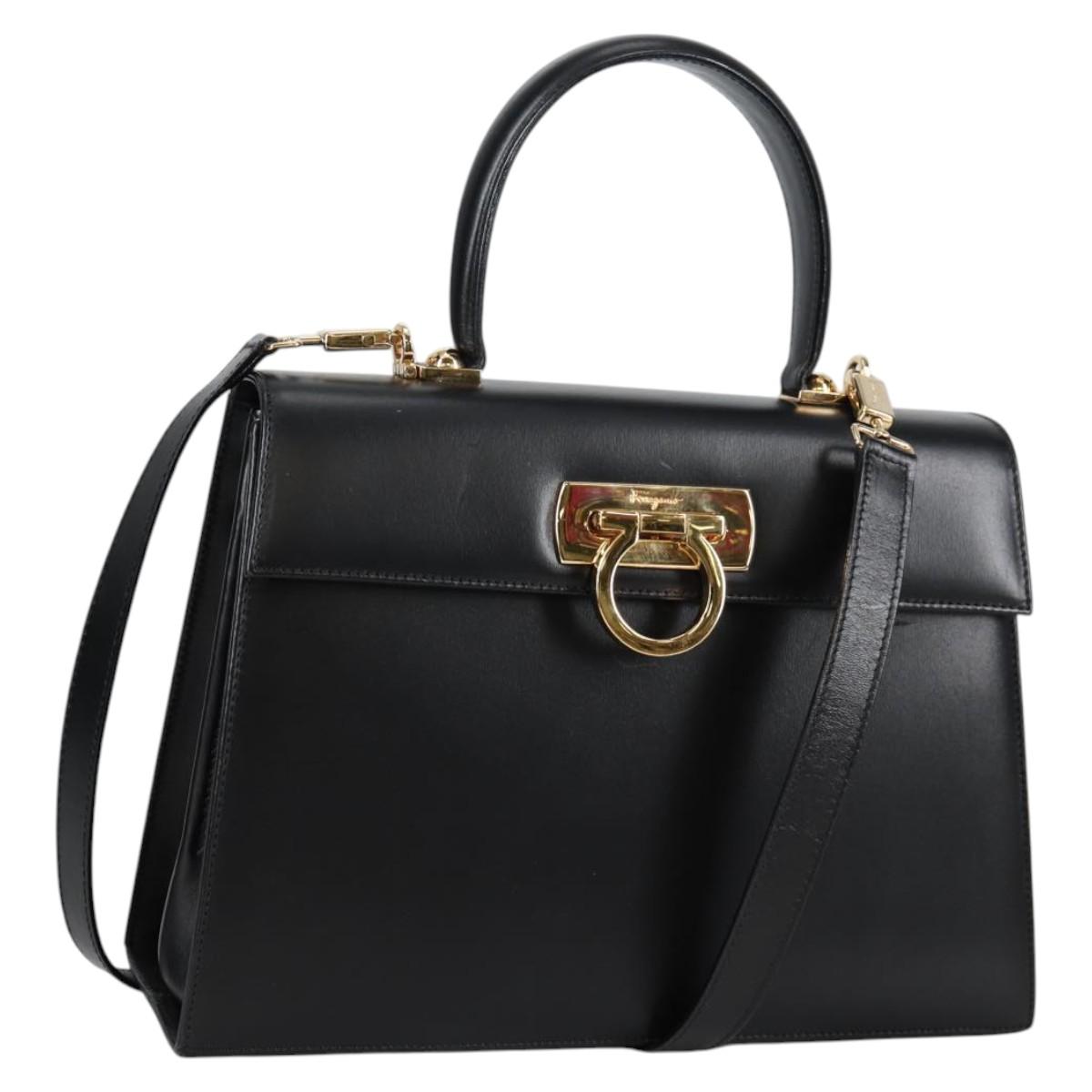 Salvatore Ferragamo Gancini Hand Bag Leather 2way Black Gold Auth yk19329V