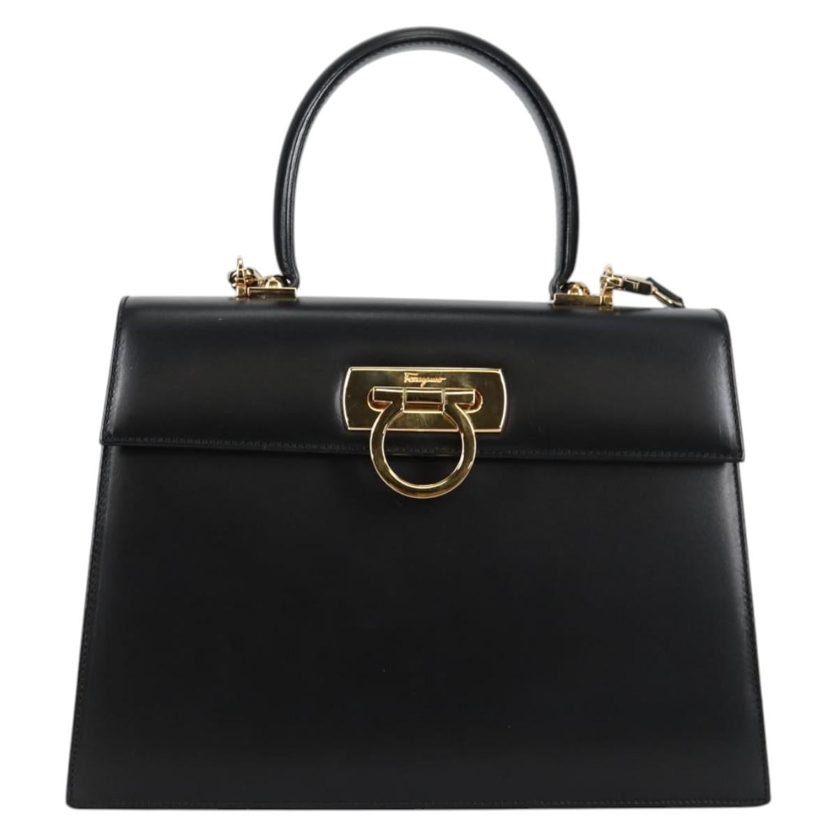 Salvatore Ferragamo Gancini Hand Bag Leather 2way Black Gold Auth yk19329V