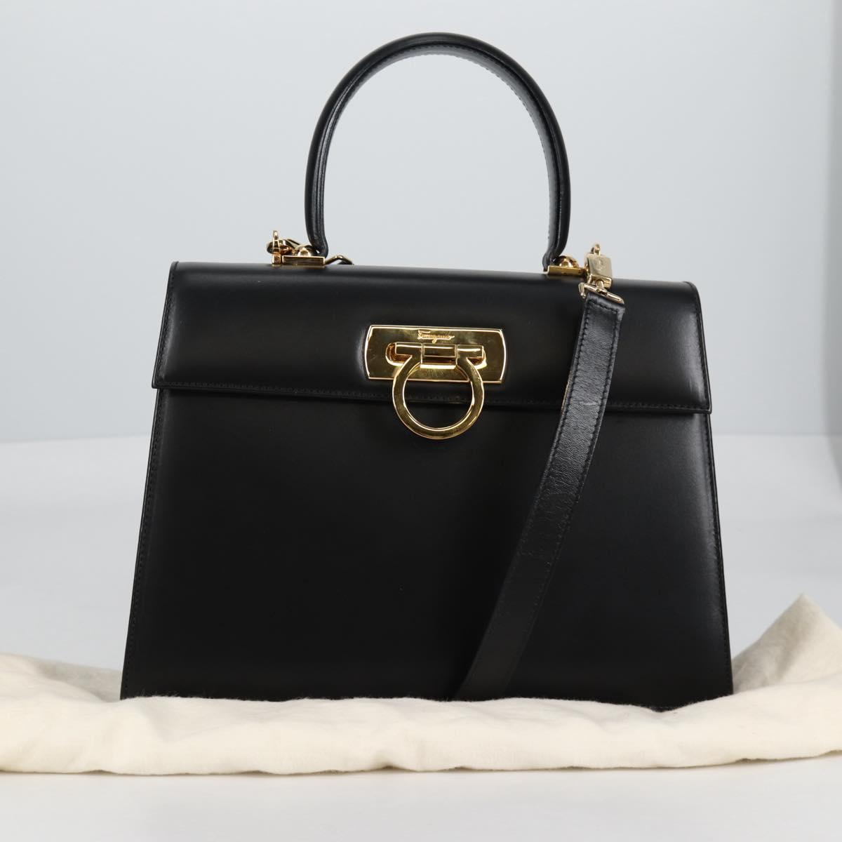 Salvatore Ferragamo Gancini Hand Bag Leather 2way Black Gold Auth yk19329V