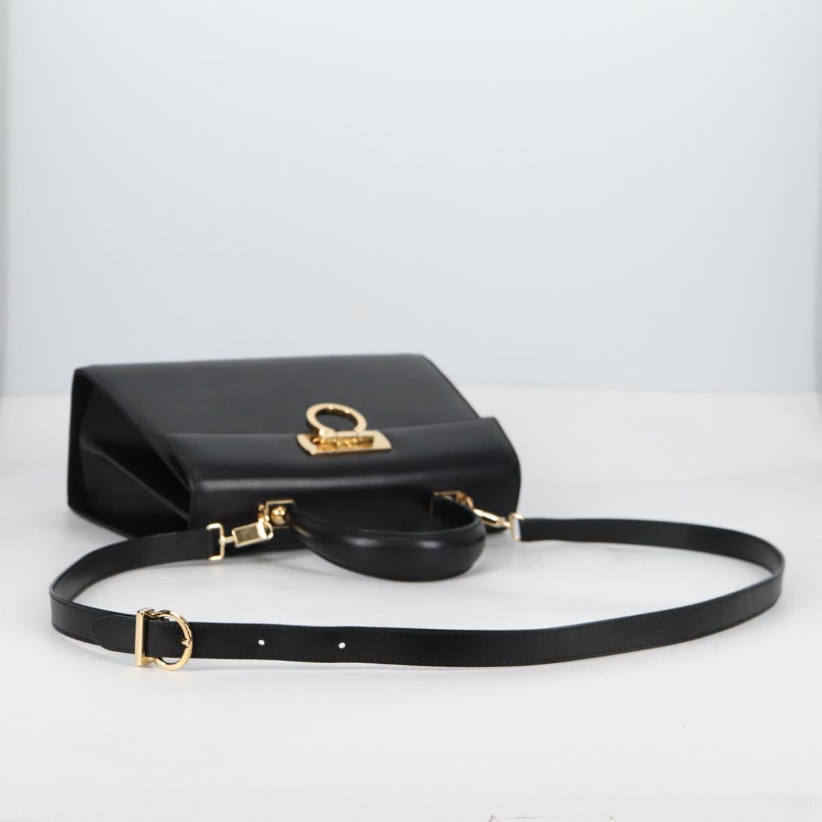 Salvatore Ferragamo Gancini Hand Bag Leather 2way Black Gold Auth yk19329V