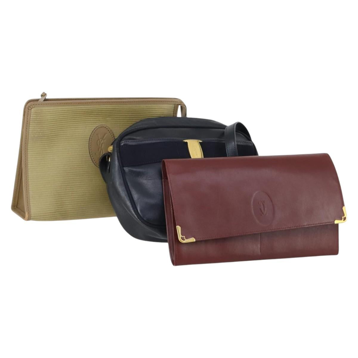 SAINT LAURENT Cartier Ferragamo Bag Leather 3Set Bordeaux Navy Auth yk19391