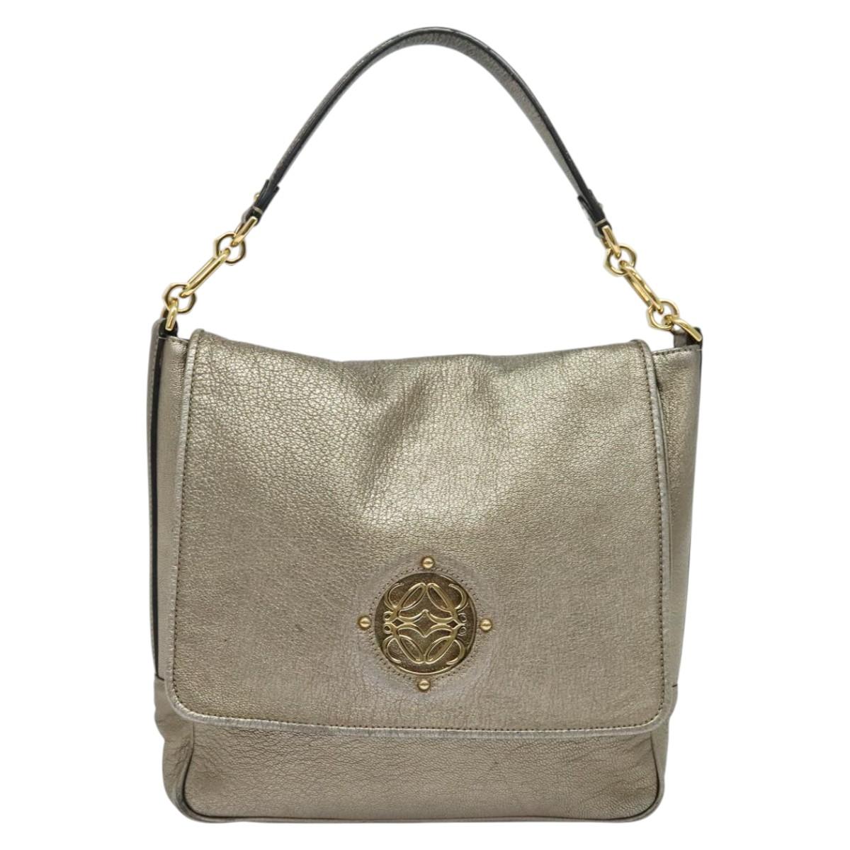 LOEWE Anagram Shoulder Bag Leather Gold Tone Gold Auth yk19406