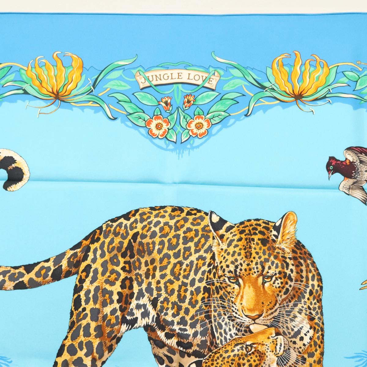 HERMES Carre 90 Scarf ""Jungle Love"" Silk Blue Auth yk19443