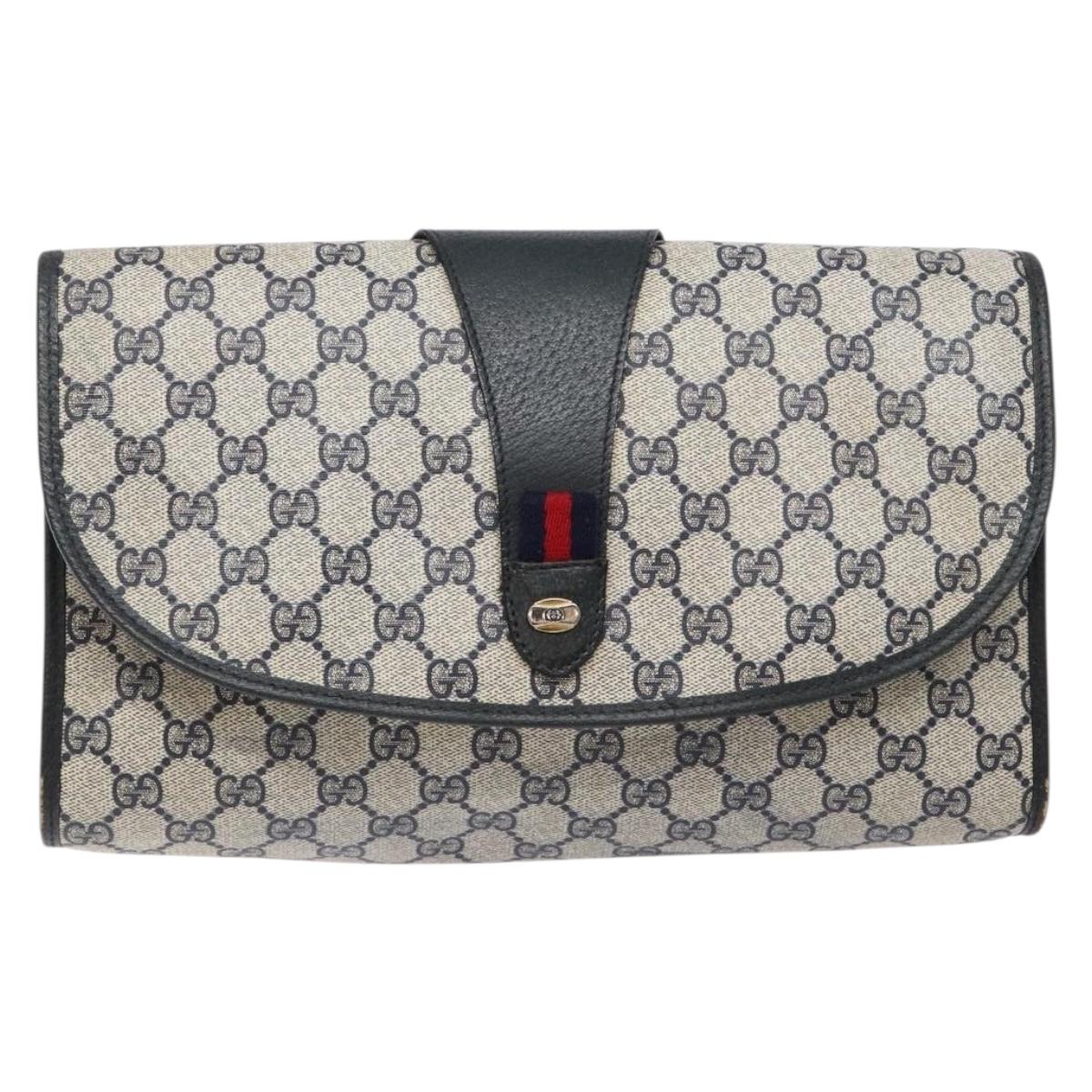 GUCCI GG Supreme Sherry Line Clutch Bag PVC Navy Gold 89 01 031 Auth yk19447