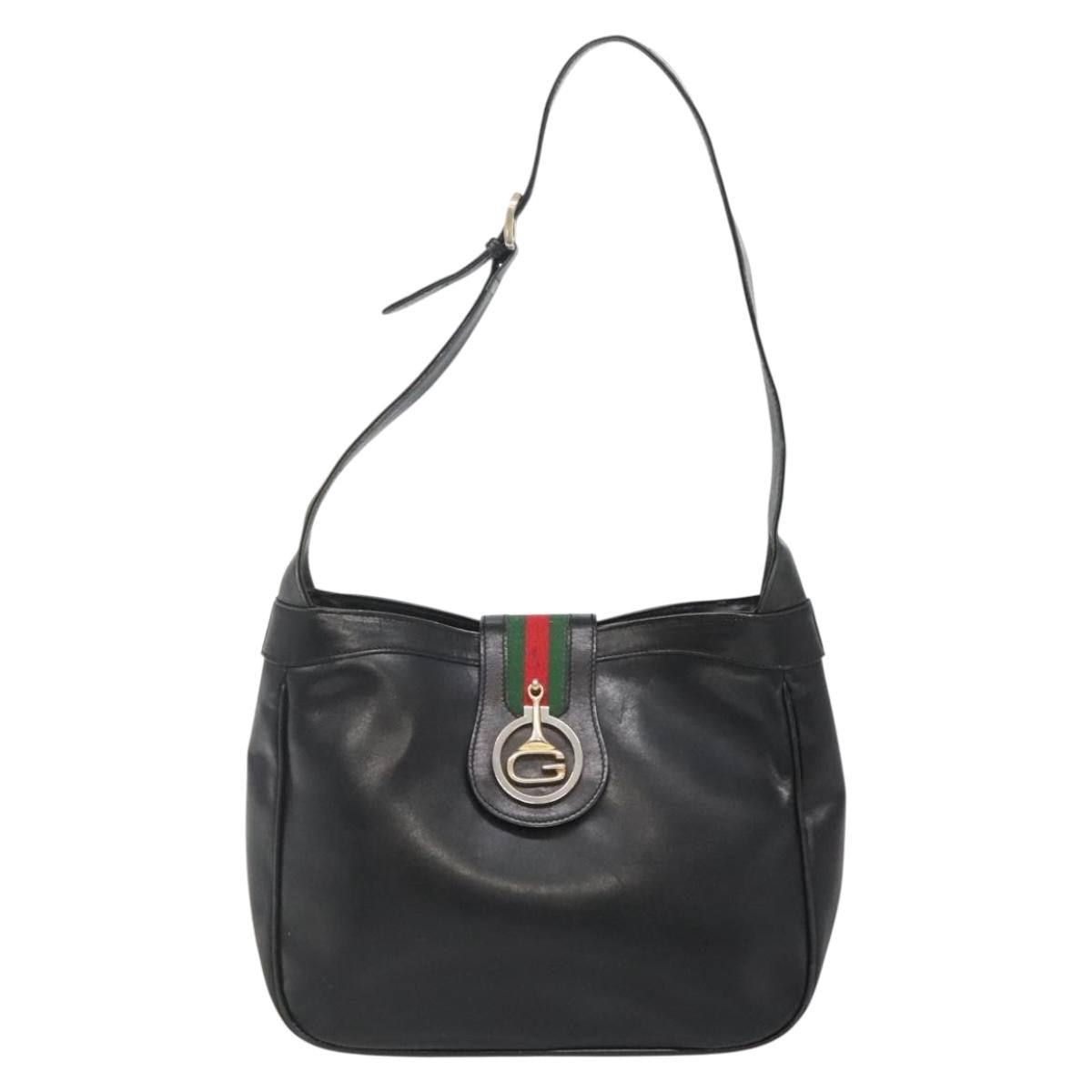 GUCCI Web Sherry Line Shoulder Bag Leather Black Red Green Auth yk19474