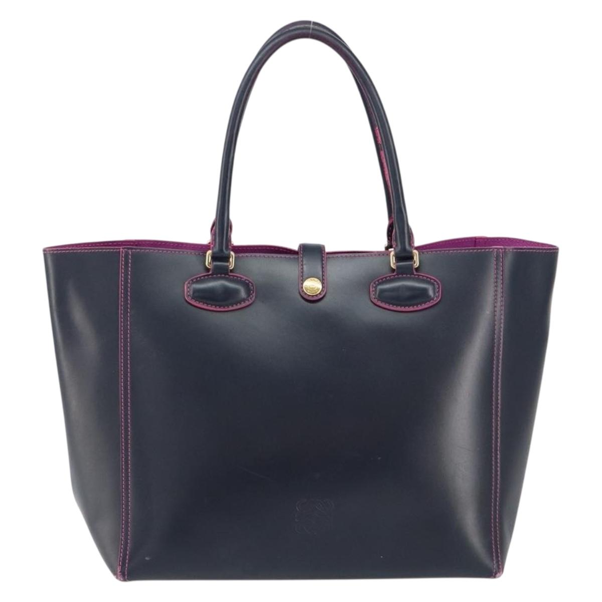 LOEWE Anagram Tote Bag Leather Navy Gold Auth yk19519