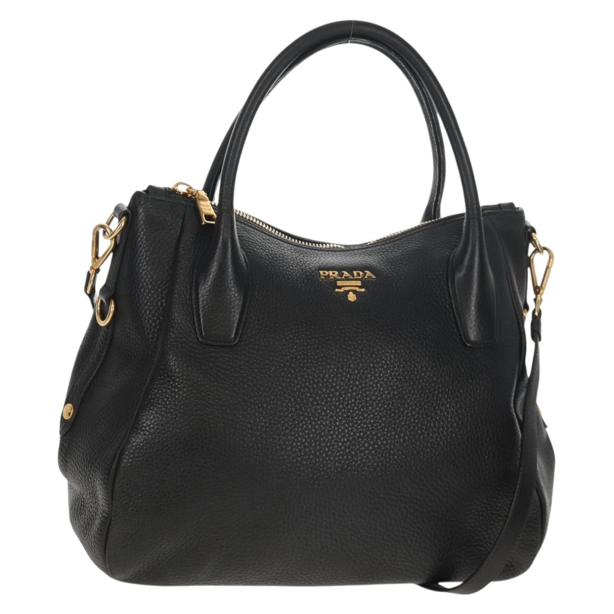 PRADA Hand Bag Leather 2way Black Gold Auth yk19532V