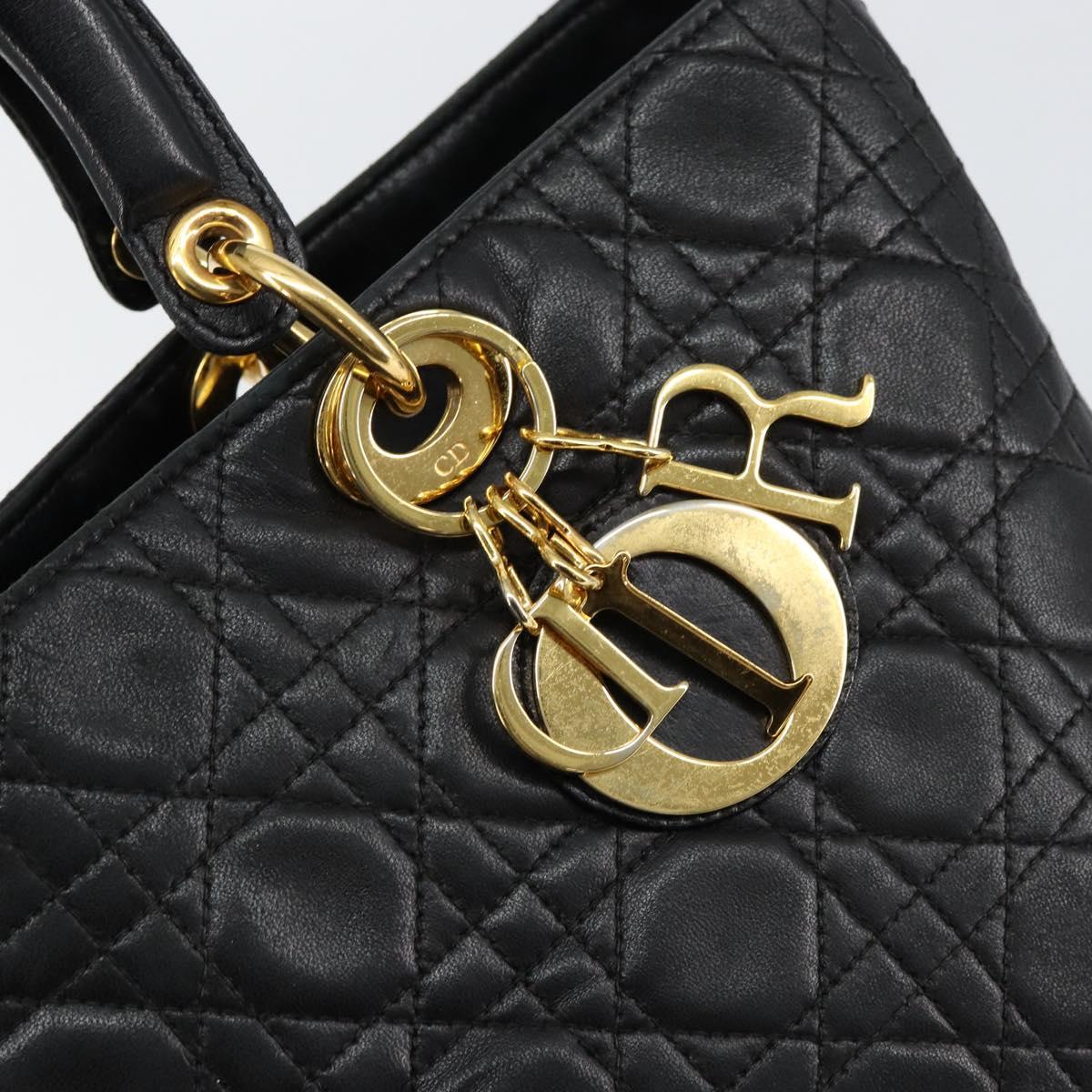 Christian Dior Canage Lady Dior Hand Bag Lamb Skin Black Gold Auth yk19533