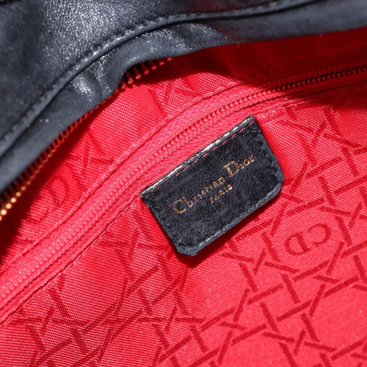 Christian Dior Canage Lady Dior Hand Bag Lamb Skin Black Gold Auth yk19533