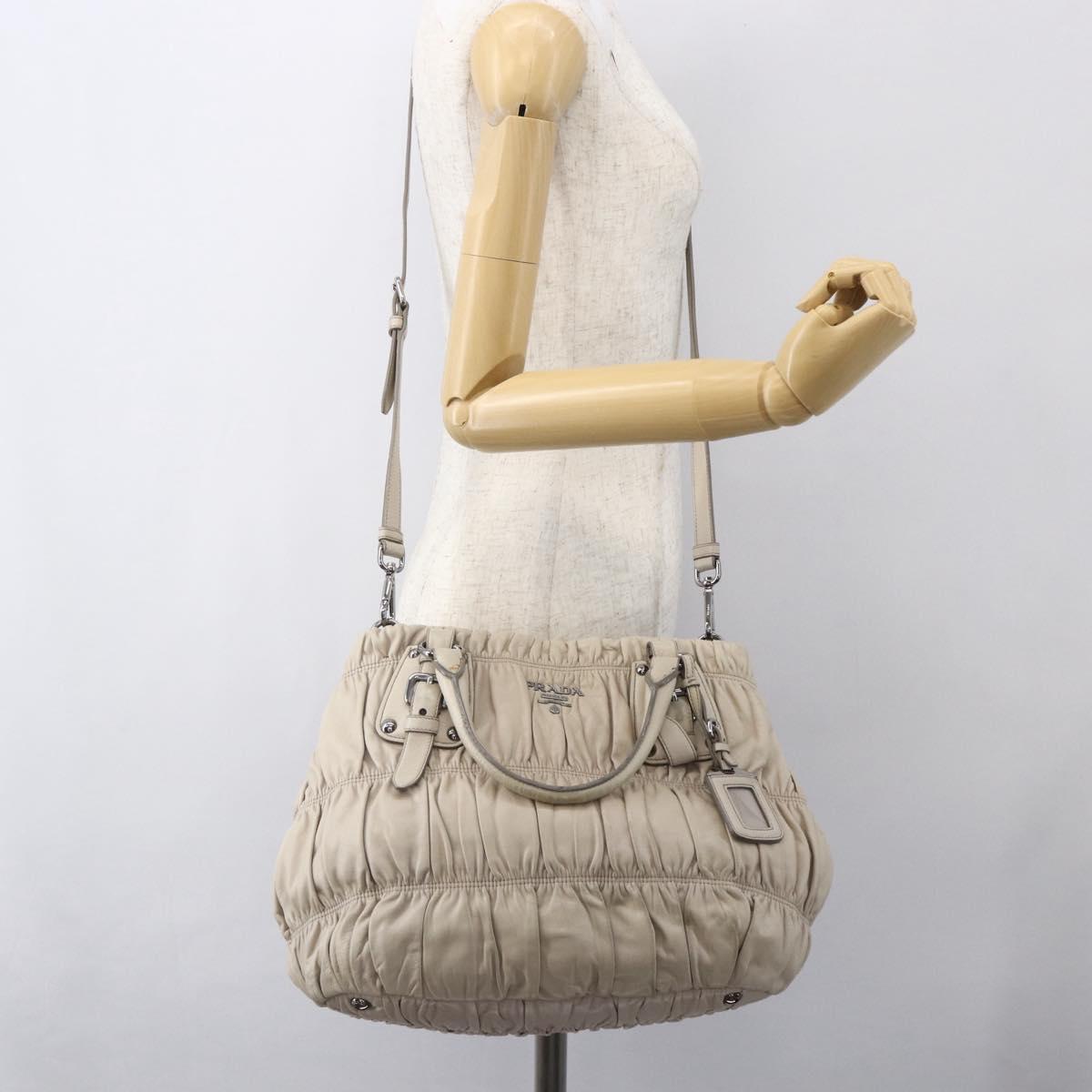 PRADA Gathered Hand Bag Leather 2way Beige Silver Auth yk19545