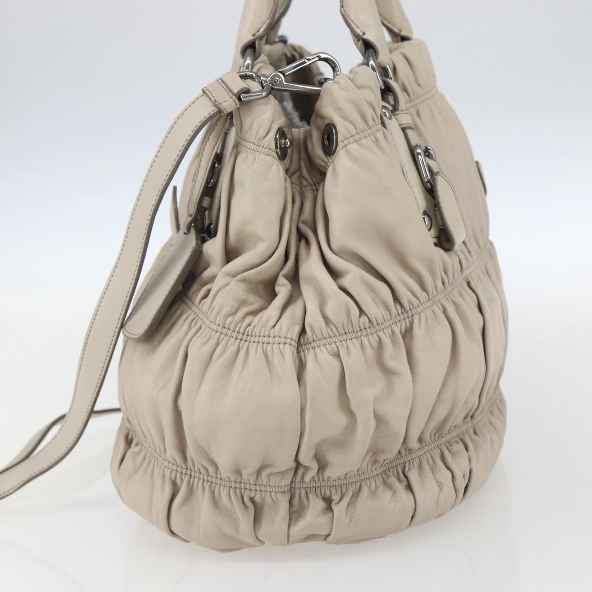 PRADA Gathered Hand Bag Leather 2way Beige Silver Auth yk19545