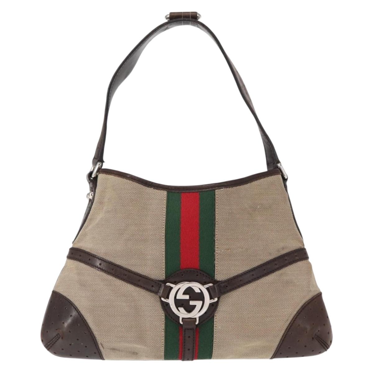GUCCI Web Sherry Line Shoulder Bag Beige Silver Red 114877 Auth yk19547