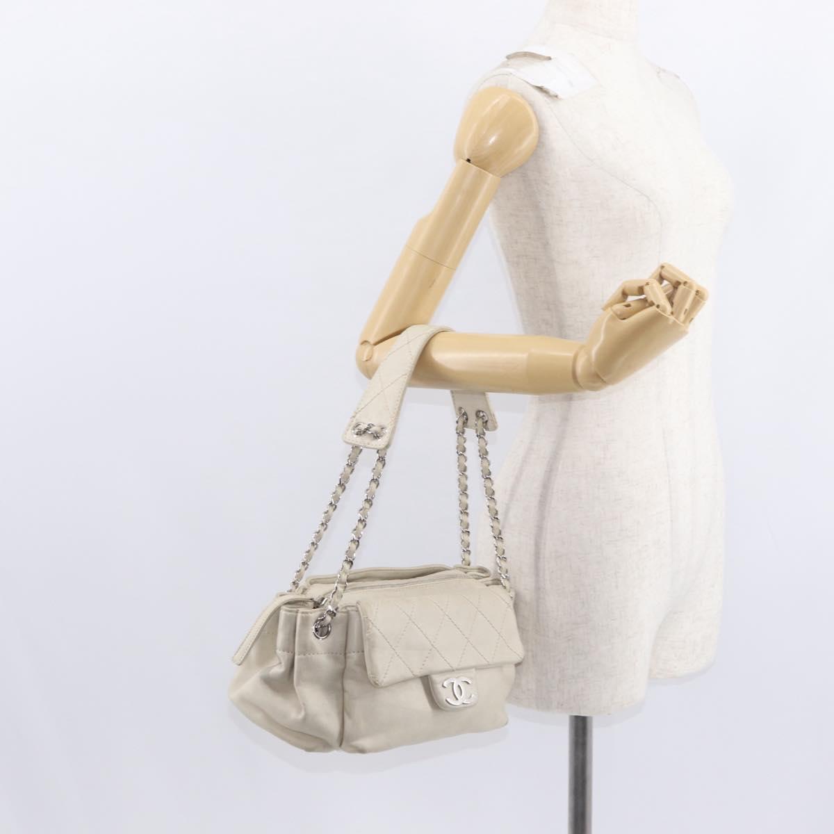 CHANEL Wild Stitch Chain Shoulder Bag Lamb Skin Beige Silver CC Auth yk19554