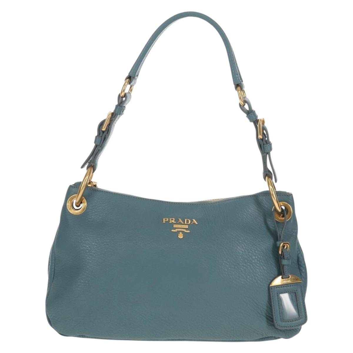 PRADA Shoulder Bag Leather Light Blue Gold Auth yk19577V