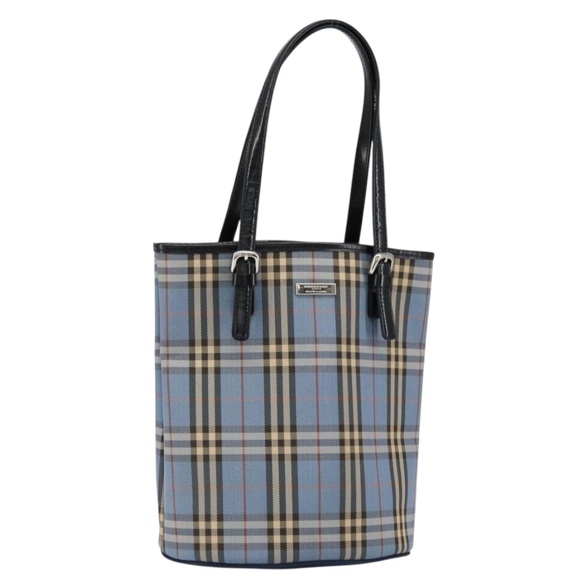 BURBERRY Nova Check Blue Label Tote Bag Canvas Light Blue Silver Auth yk19580