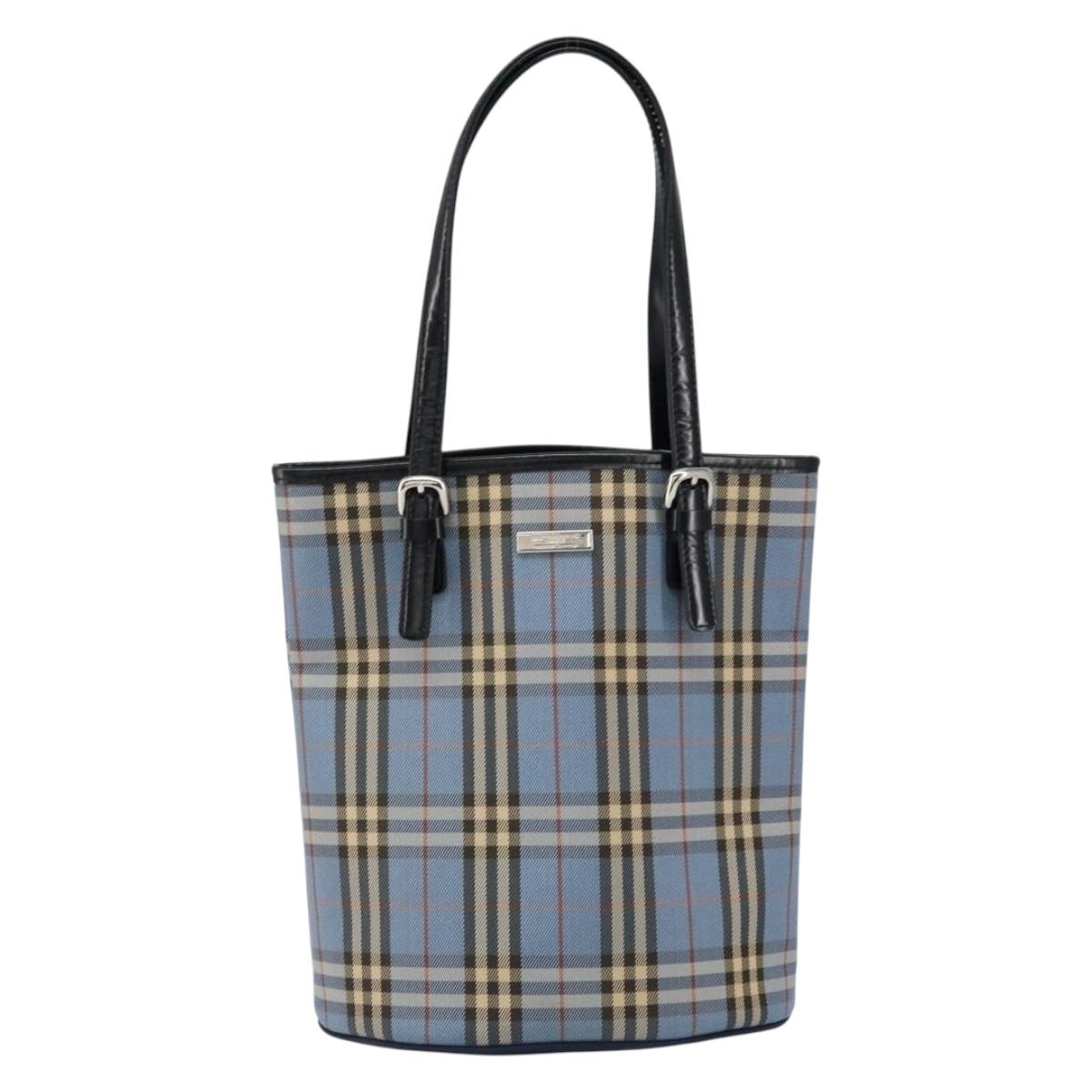 BURBERRY Nova Check Blue Label Tote Bag Canvas Light Blue Silver Auth yk19580