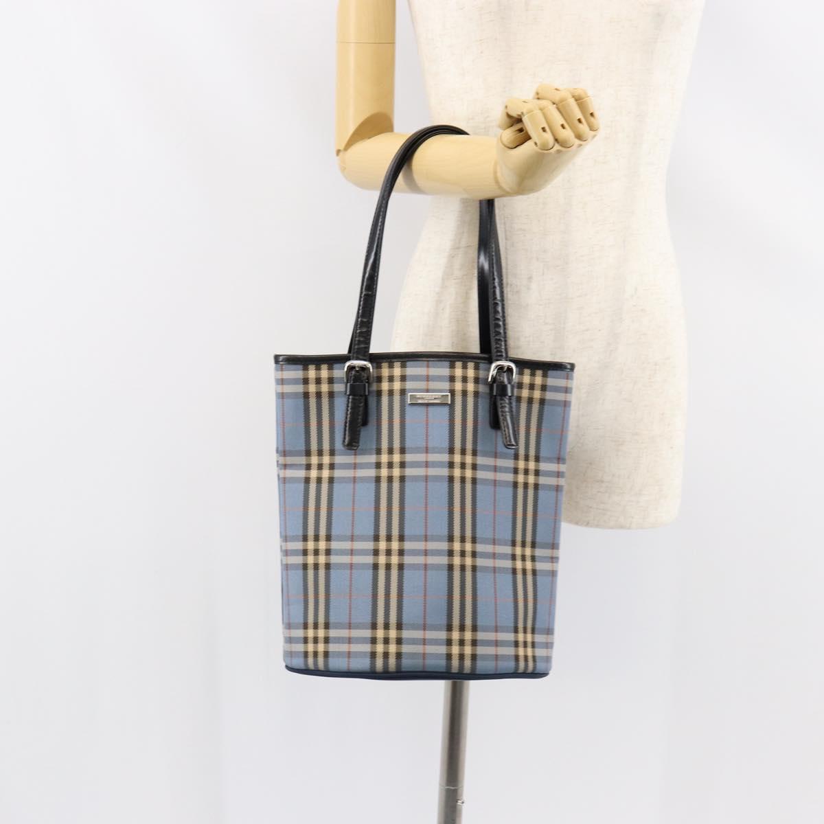 BURBERRY Nova Check Blue Label Tote Bag Canvas Light Blue Silver Auth yk19580