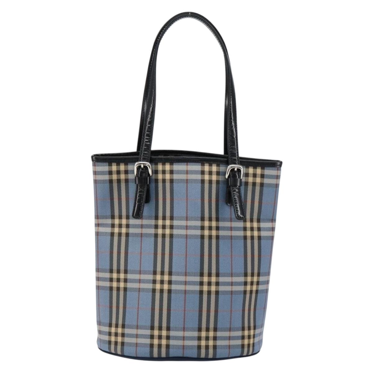 BURBERRY Nova Check Blue Label Tote Bag Canvas Light Blue Silver Auth yk19580
