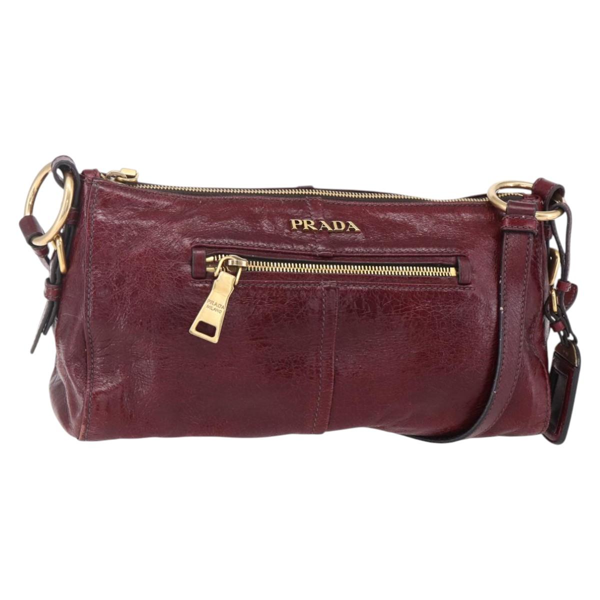 PRADA Shoulder Bag Leather Bordeaux Gold Auth yk19583