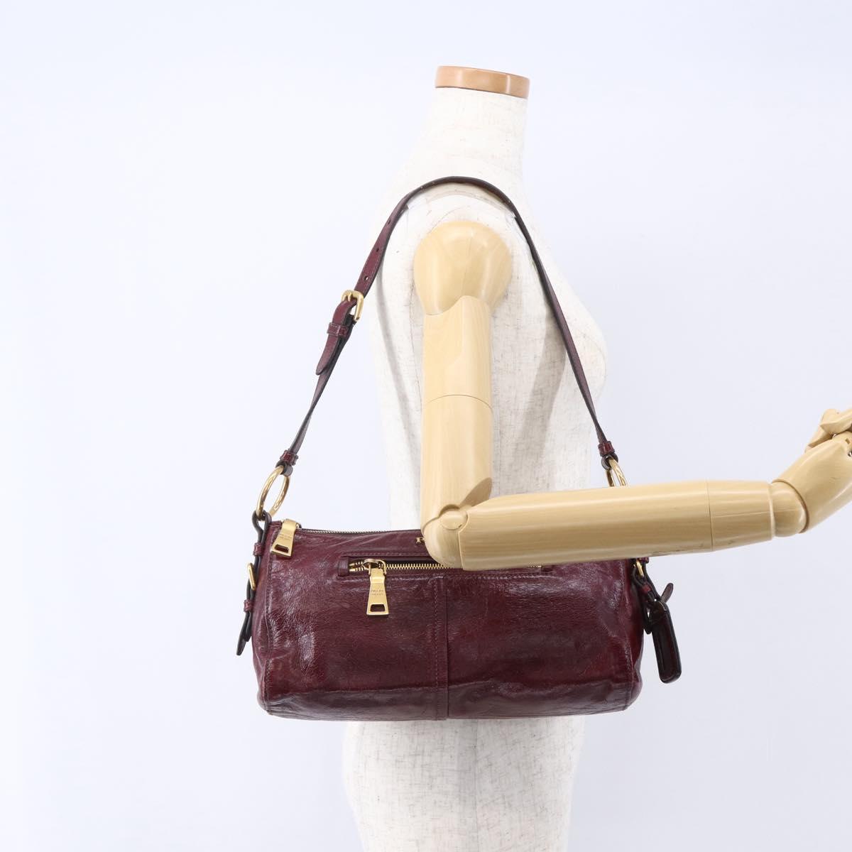 PRADA Shoulder Bag Leather Bordeaux Gold Auth yk19583