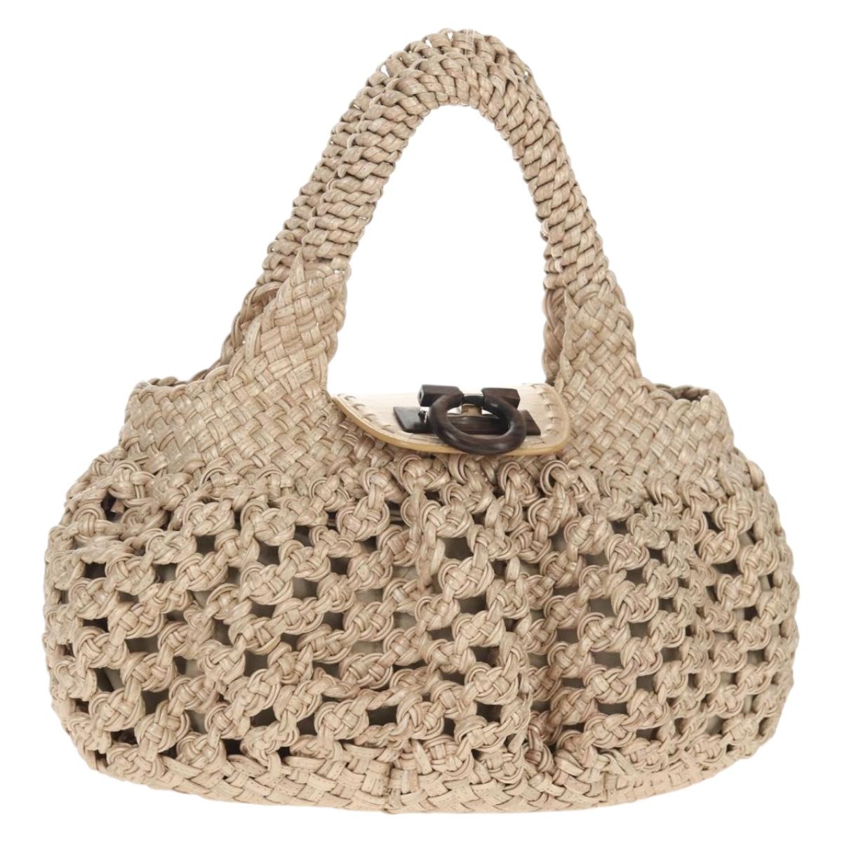 Salvatore Ferragamo Gancini Hand Bag Leather Beige Silver Auth yk19584A