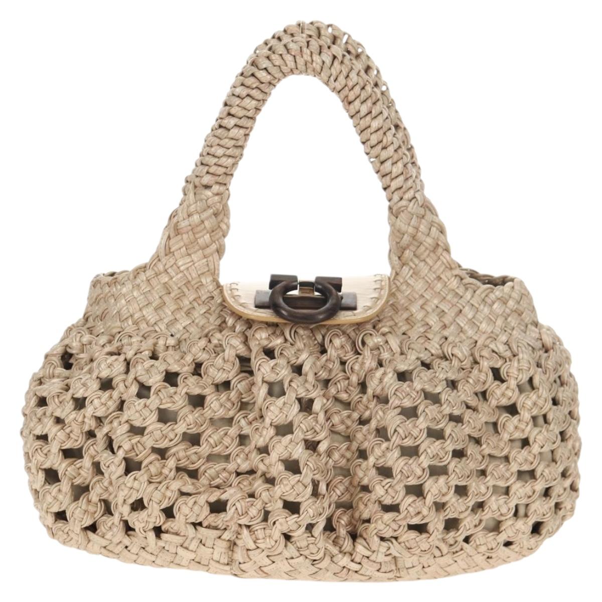 Salvatore Ferragamo Gancini Hand Bag Leather Beige Silver Auth yk19584A