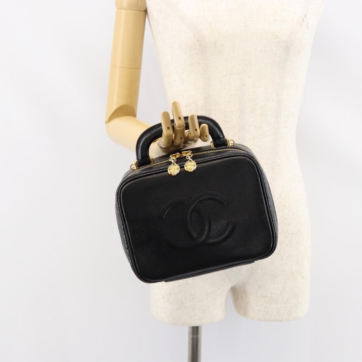 CHANEL COCO Mark Vanity Hand Bag Caviar Skin Black Gold CC Auth yk19585