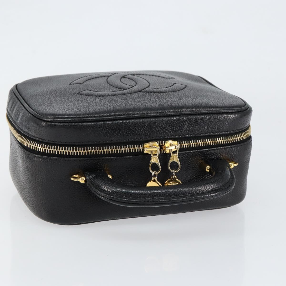 CHANEL COCO Mark Vanity Hand Bag Caviar Skin Black Gold CC Auth yk19585