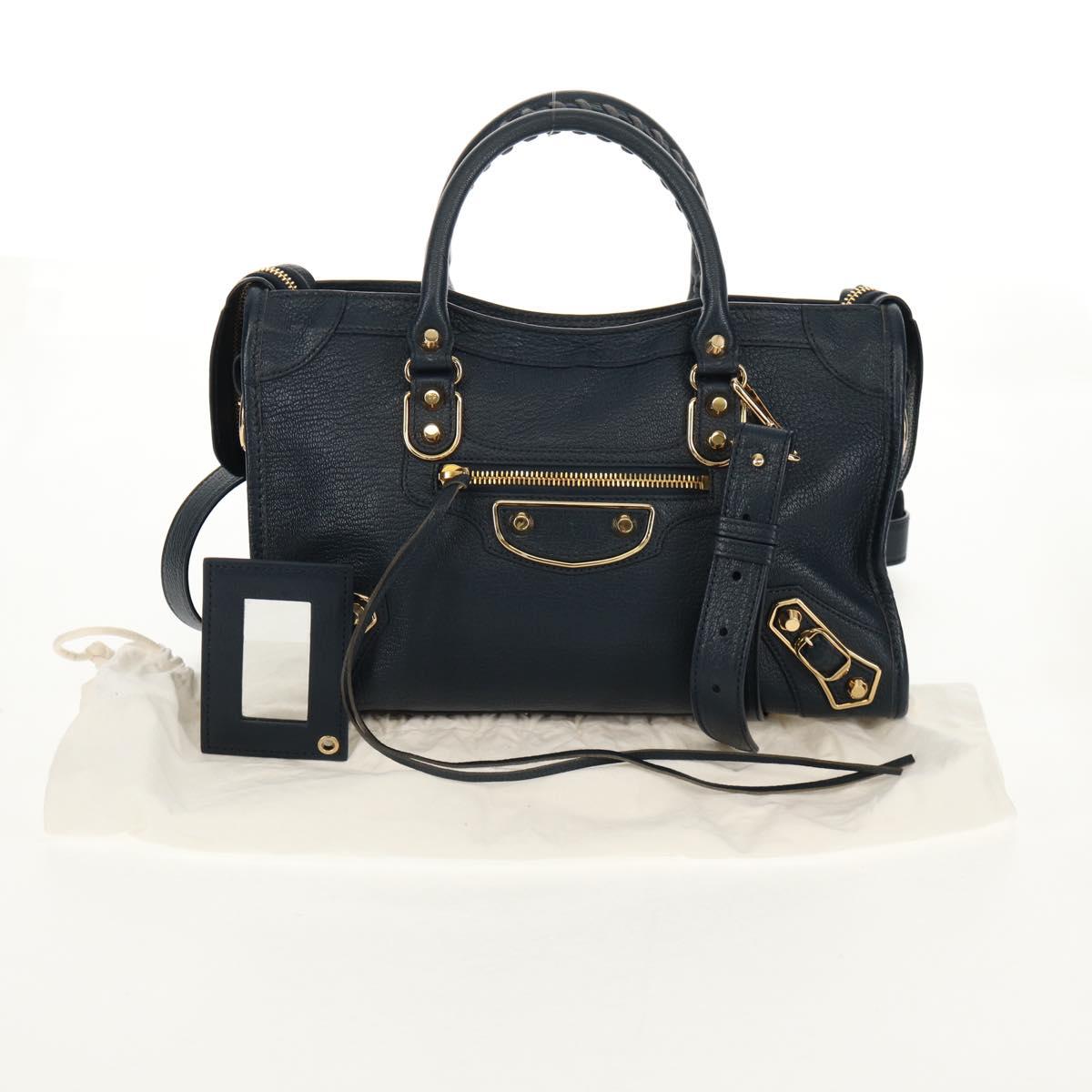 BALENCIAGA Metallic Edge City Hand Bag Leather Navy Gold 432831 Auth yk19642M