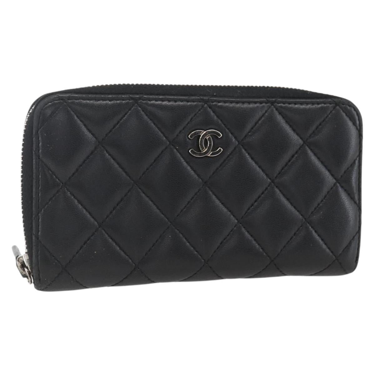 CHANEL Matelasse Coin Purse Lamb Skin Black Silver CC Auth yk19647