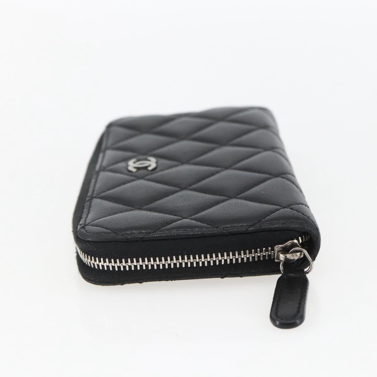 CHANEL Matelasse Coin Purse Lamb Skin Black Silver CC Auth yk19647