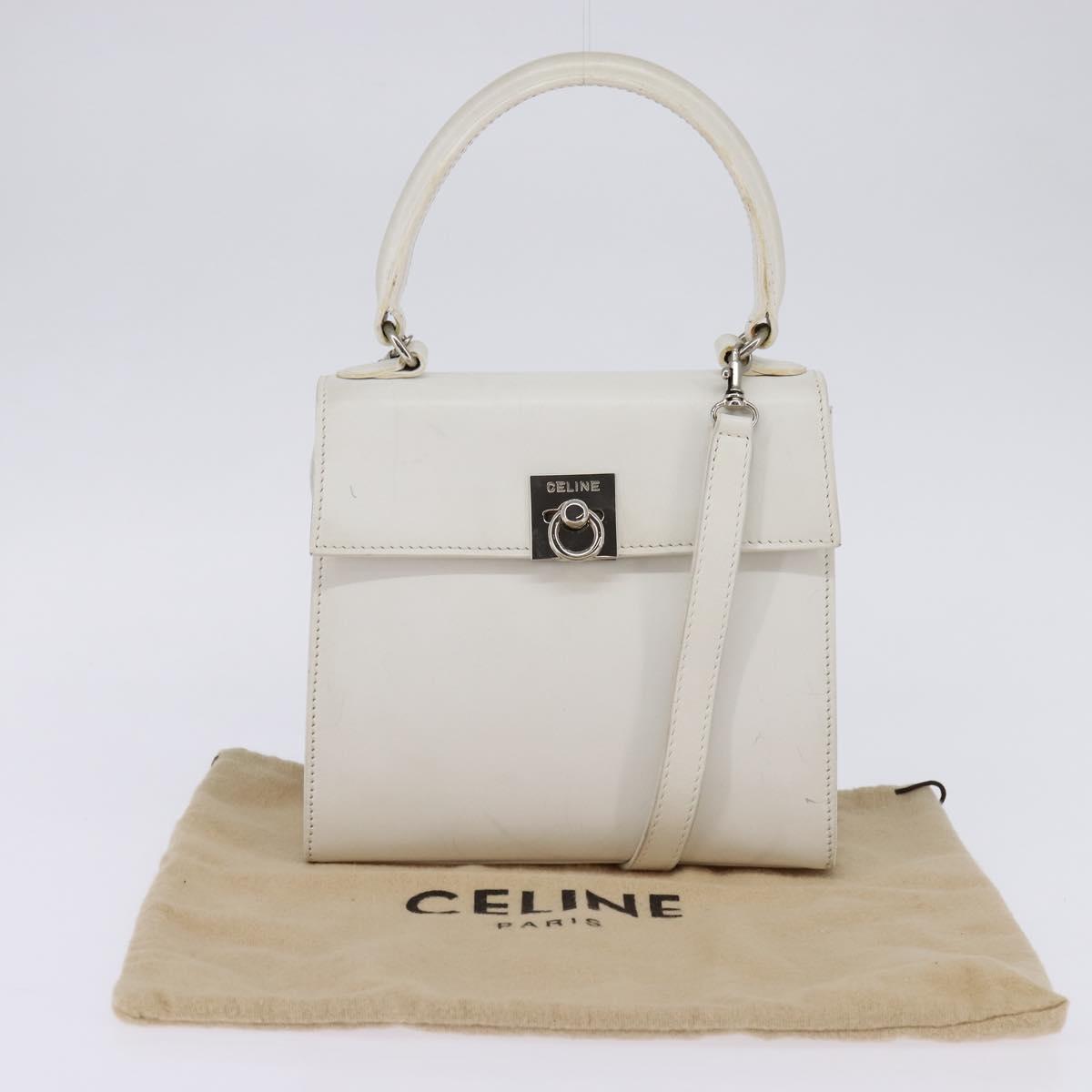 CELINE Hand Bag Leather 2way White Silver Auth yk19665