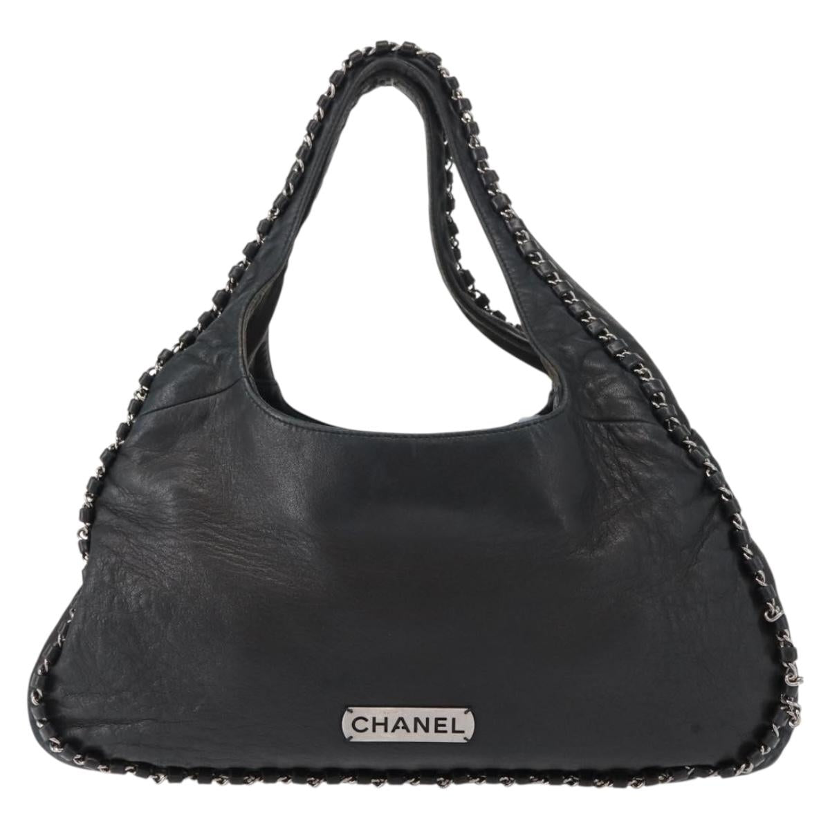 CHANEL Hobo Shoulder Bag Lamb Skin Black Silver CC Auth yk19676