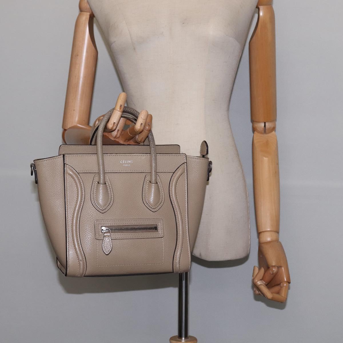 CELINE Luggage nano Hand Bag Leather 2way Beige Silver Auth yk19706