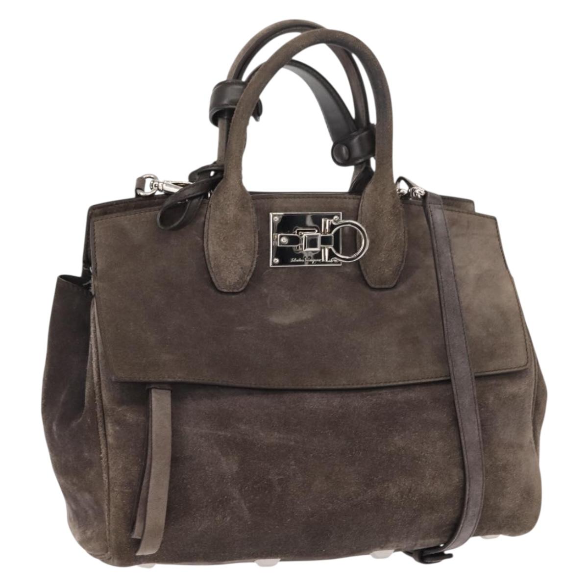 Salvatore Ferragamo Gancini Hand Bag Suede 2way Gray Silver Auth yk19722