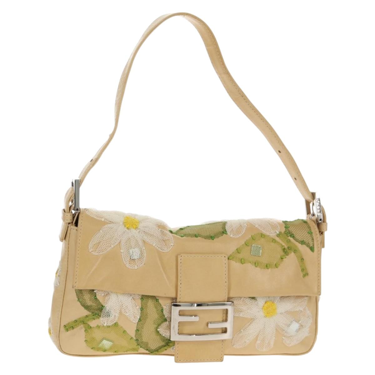 FENDI Flower Mamma Baguette Shoulder Bag Leather Beige Silver Auth yk19724V