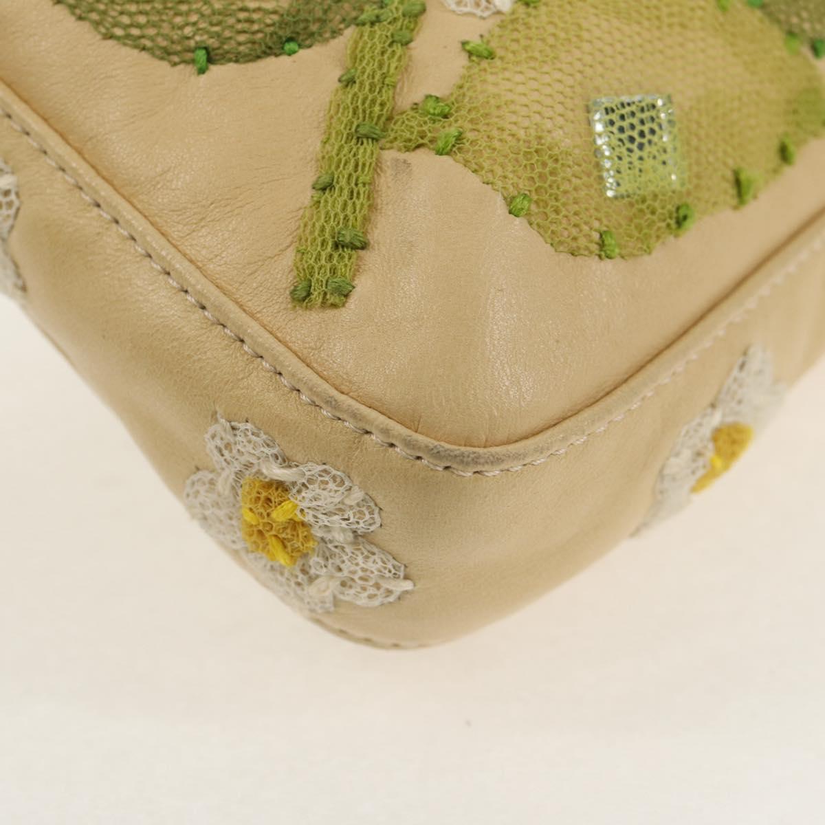 FENDI Flower Mamma Baguette Shoulder Bag Leather Beige Silver Auth yk19724V