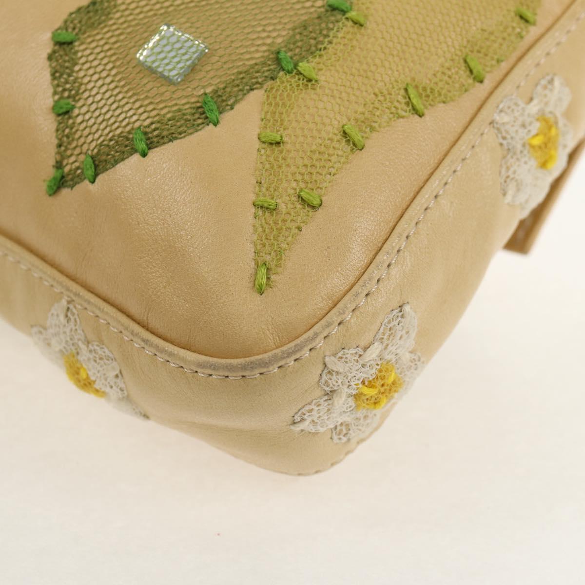 FENDI Flower Mamma Baguette Shoulder Bag Leather Beige Silver Auth yk19724V
