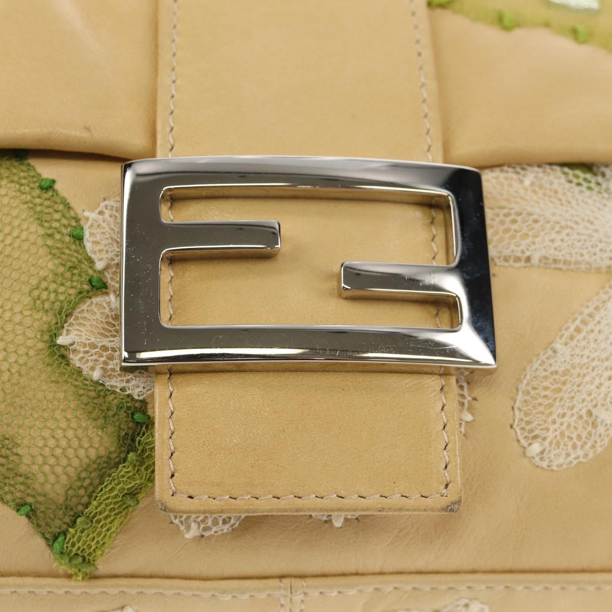 FENDI Flower Mamma Baguette Shoulder Bag Leather Beige Silver Auth yk19724V