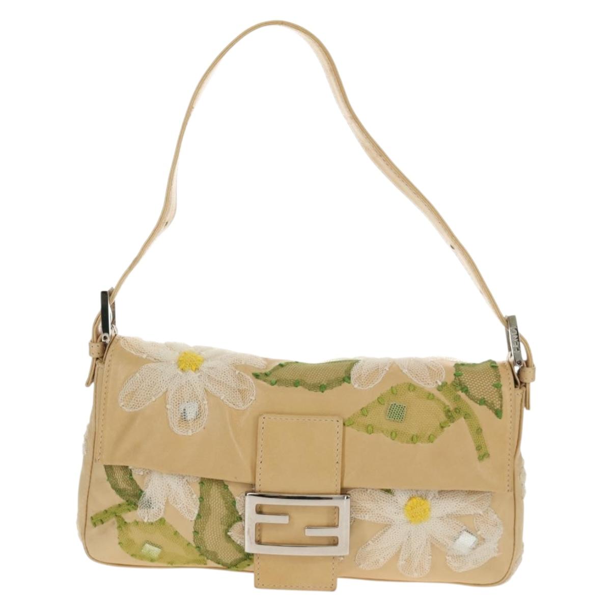 FENDI Flower Mamma Baguette Shoulder Bag Leather Beige Silver Auth yk19724V