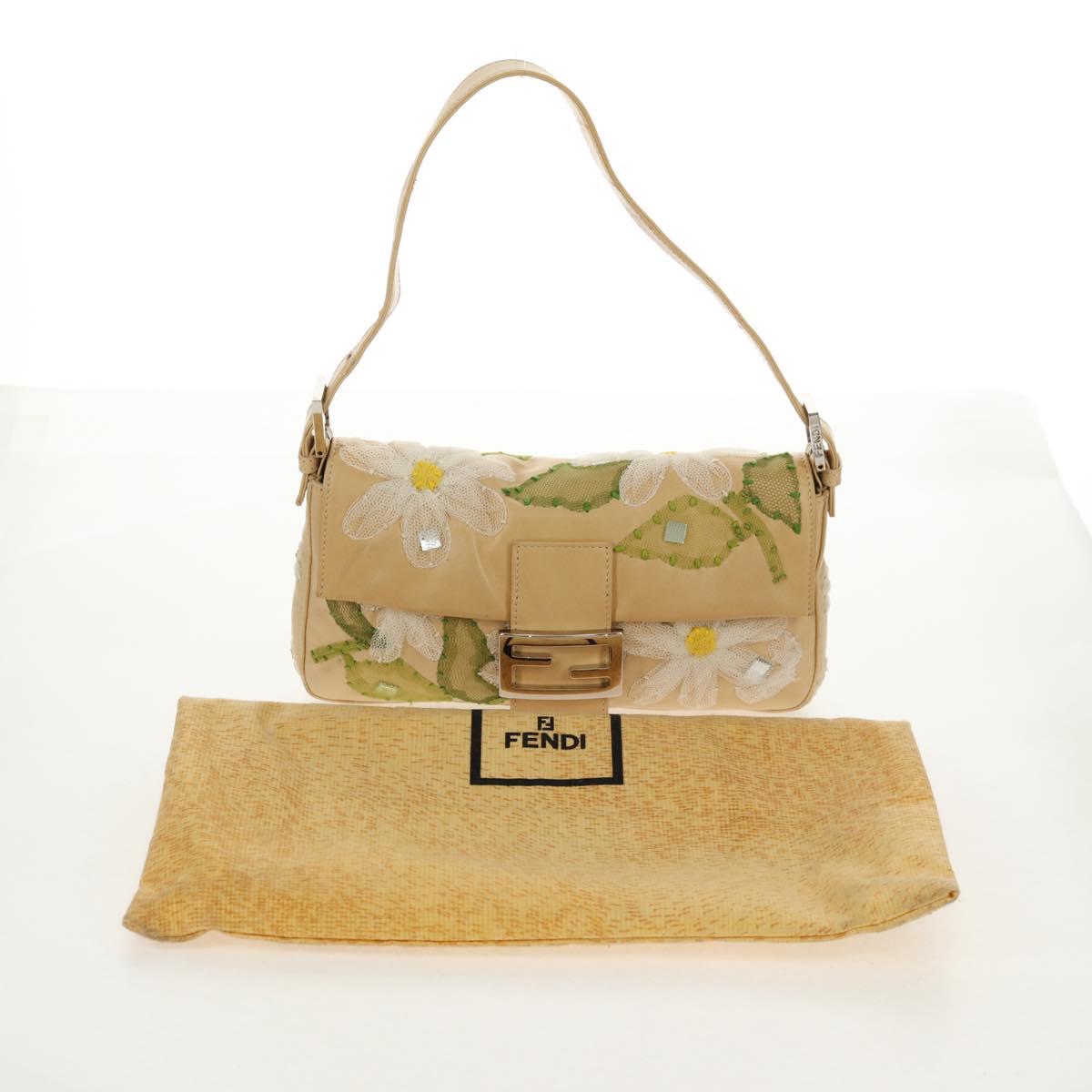 FENDI Flower Mamma Baguette Shoulder Bag Leather Beige Silver Auth yk19724V