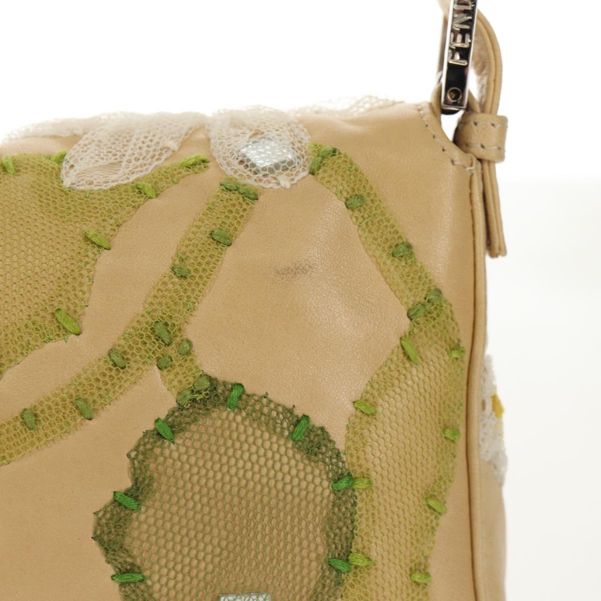 FENDI Flower Mamma Baguette Shoulder Bag Leather Beige Silver Auth yk19724V