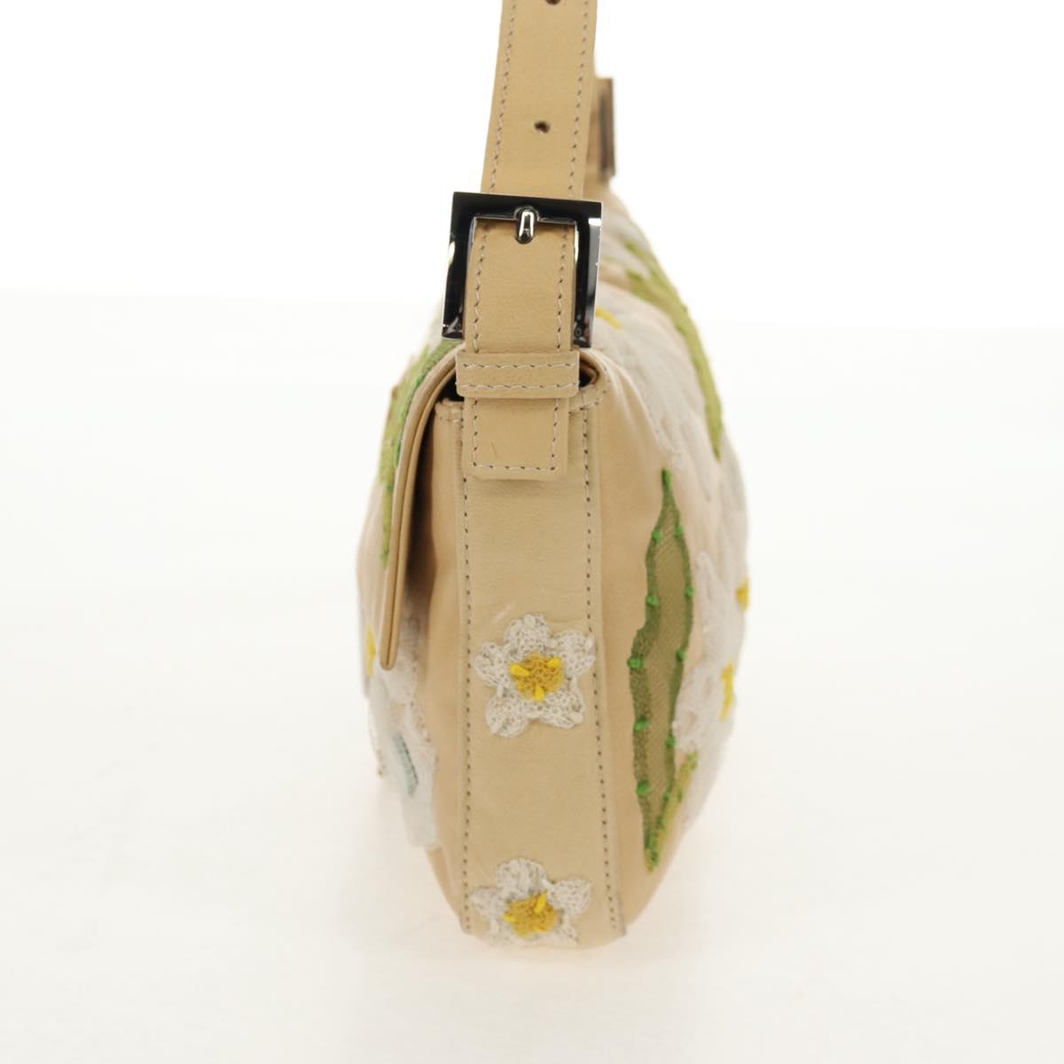 FENDI Flower Mamma Baguette Shoulder Bag Leather Beige Silver Auth yk19724V