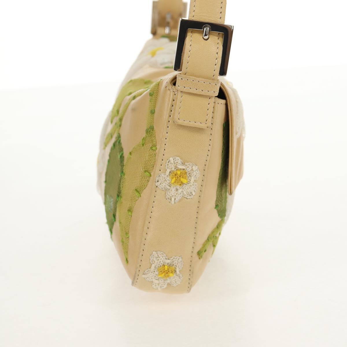 FENDI Flower Mamma Baguette Shoulder Bag Leather Beige Silver Auth yk19724V