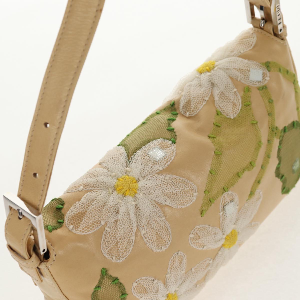 FENDI Flower Mamma Baguette Shoulder Bag Leather Beige Silver Auth yk19724V