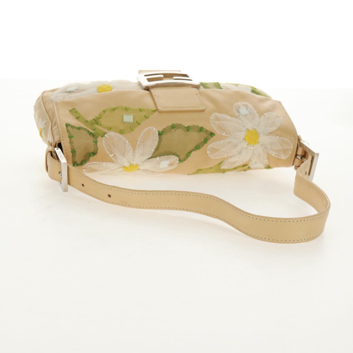 FENDI Flower Mamma Baguette Shoulder Bag Leather Beige Silver Auth yk19724V