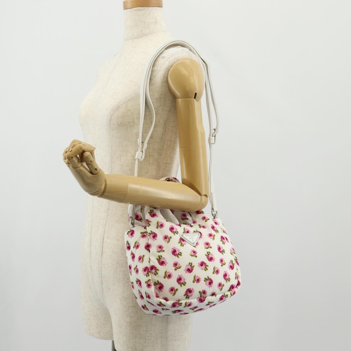 PRADA Floral Hand Bag Nylon 2way White Pink Silver 1BA359 Auth yk19751M